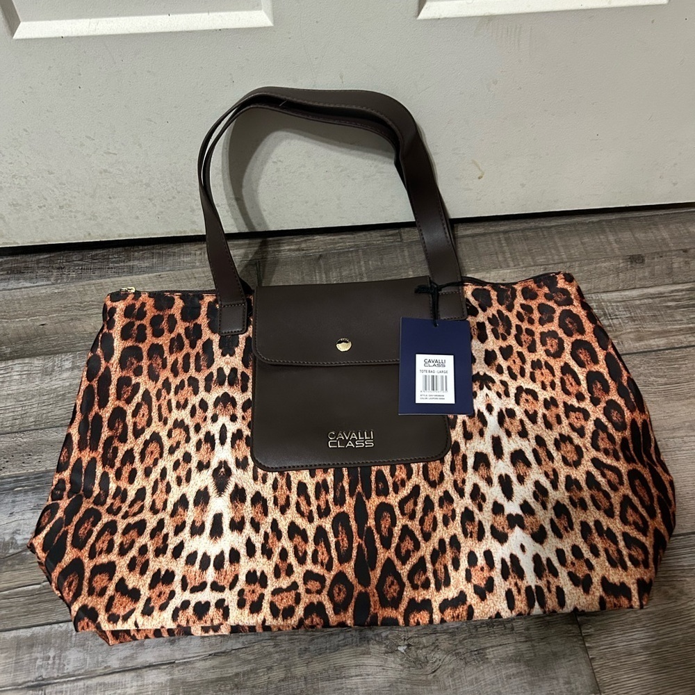 Brown Cheetah Leopard print Cavalli Class Weekender Bag Large tote Zip Up